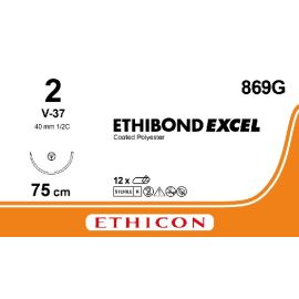 Szew niewchłanialny Ethibond Excel 869G; rozm. 2 ; igła okrągło-tnąca 40mm - 1/2 koła ; dł. 75 cm ; zielona; 