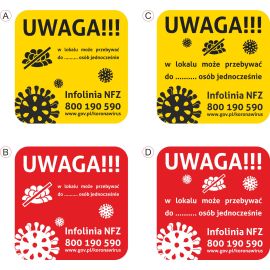 Naklejka na szybę, drzwi "UWAGA!" - kwadrat 30cm x 30cm - ilość osób w lokalu