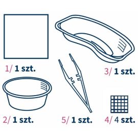 Pakiet do cewnikowania 3 indywidualny, sterylny  (serweta, pojemnik okrągły, miska nerkowata, kompresy gazowe, pęseta plastikowa)