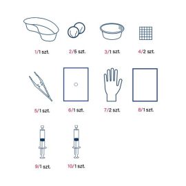 Pakiet do cewnikowania 22 indywidualny, sterylny (miska nerkowata, tupfery, kompresy, pojemnik, pęseta plastikowa, serwety, żel do znieczulenia, aqua pro injectione)