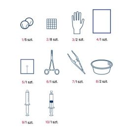 Pakiet do cewnikowania 44 indywidualny, sterylny (tupfery, kompresy, rękawice M, serwety, kleszczyki plastikowe, pinceta plastikowa, pojemniki, strzykawka z wodą/gliceryną, żel do znieczulenia)