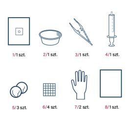 Pakiet do cewnikowania 57, sterylny (serwety, pojemnik, pęseta plastikowa, strzykawka, tupfer, kompres, rękawice M)