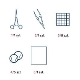 Pakiet do zmiany opatrunku 19, sterylny  - DS-ZOP-00119 (chwytak plastikowy, pęseta plastikowa, kompres z gazy, tupfer, serweta 45x45)   / Data 31.08.2025