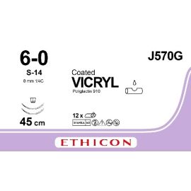 Szew Vicryl  J570G ; rozm. 6/0 ; 1/4 koła ; igła szpatułkowa 8mm ; 45cm ; op. a'12