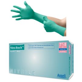 Rękawiczki nitrylowe, chemoodporne, z przedłużonym mankietem, bezpudrowe, miętowe, ANSELL NITRA-TOUCH™ - op. 100 szt.
