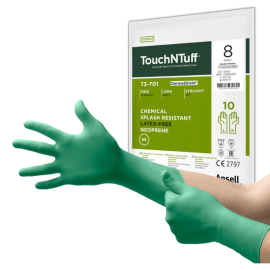 Rękawiczki neoprenowe, sterylne, z przedłużonym mankietem, do clean room'ów, bezpudrowe, zielone, ANSELL TouchNTuff® DermaShield™ 73-701 - 1 para