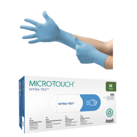 Rękawiczki nitrylowe, bezpudrowe, niebieskie, z silną barierą ochronną, ANSELL MICRO-TOUCH™ NITRA-TEX™ - op. 100 szt.