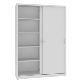 Szafa biurowa z drzwiami przesuwnymi, ze ścianą działową wewnątrz szafy, 2-drzwiowa, 4 półki, 1990 mm x 1400 mm x 435 mm, SBM 221