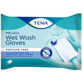 Tena Proskin Wet Wash Gloves, nawilżane rękawice do mycia ciała, bezzapachowe myjki do oczyszczania skóry, 15 cm x 23 cm - op. 8 szt.