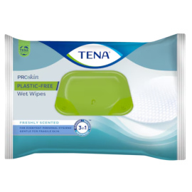 Tena Proskin Wet Wipes Plastic-Free, chusteczki nawilżane do oczyszczania skóry, 100% wiskoza, 30 cm x 20 cm, flow-pack - op. 48 szt.