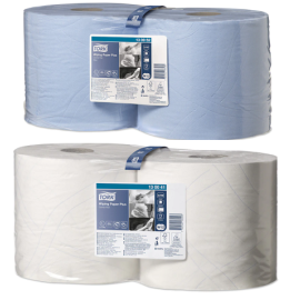 Ręcznik, czyściwo, niebieski/biały, 2-warstwowy, rolka, W1/W2, celuloza + makulatura, 23,5 cm x 34 cm x 255 m, Tork Wiping Paper Plus Combi Roll - op. 2 szt.