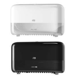 Dozownik do papieru toaletowego bez gilzy, na dwa wkłady, T7, biały/czarny, Tork Twin Coreless Mid-size Toilet Roll Dispenser, Elevation