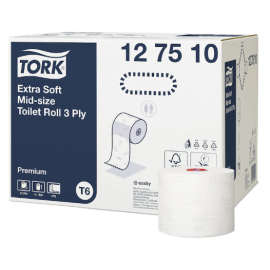 Papier toaletowy Mid-size, 3-warstwowy, T6, 9,9 cm x 70 m, celuloza + makulatura, biały, Tork Extra Soft Mid-size Toilet Roll 3 Ply, Premium - op. 27 szt.