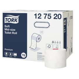 Papier toaletowy Mid-size, 2-warstwowy, T6, 9,9 cm x 90 m, celuloza, biały, Tork Soft Mid-size Toilet Roll, Premium - op. 27 szt.