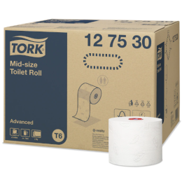 Papier toaletowy Mid-size, 2-warstwowy, T6, 9,9 cm x 100 m, makulatura, biały, Tork Mid-size Toilet Roll, Advanced - op. 27 szt.
