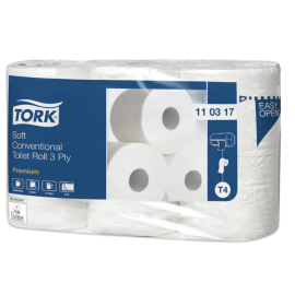 Papier toaletowy w rolce konwencjonalnej, 3-warstwowy, T4, 9,9 cm x 12 cm x 34,7 m, celuloza + makulatura, biały, Tork Soft Conventional Toilet Roll 3 Ply, Premium - op. 6 szt.