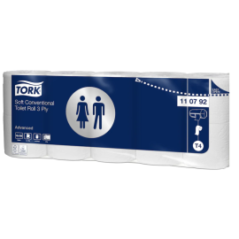 Papier toaletowy w rolce konwencjonalnej, 3-warstwowy, T4, 9,4 cm x 12 cm x 19,4 m, makulatura, biały, Tork Soft Conventional Toilet Roll 3 Ply, Advanced - op. 10 szt.