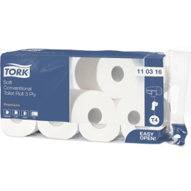 Papier toaletowy w rolce konwencjonalnej, 3-warstwowy, T4, 9,4 cm x 11,7 cm x 29,5 m, celuloza, biały, Tork Soft Conventional Toilet Roll 3 Ply, Premium - op. 8 szt.