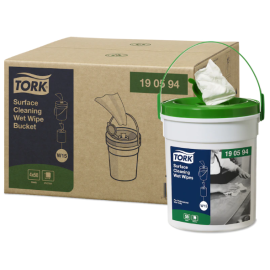 Ręcznik nasączany do powierzchni, czyściwo, biały, 1-warstwowy, W14-wiaderko, włóknina, 27 cm x 27 cm x 15,7 m, Tork Surface Cleaning Wet Wipe Bucket - op. 4 szt.
