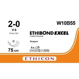 Szew niewchłanialny Ethibond Excel W10B55; ozm. 2/0 ; igła okrągło-tnąca 17mm - 1/2 koła ; dł. 10x75 cm ; zielona/biała ;