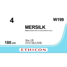 Mersilk Pleciony jedwab niewchłanialny, impregnowany szew, nić , rozm. 4, 180cm czarny , W199