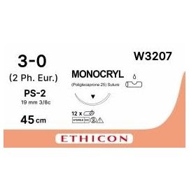 Szew wchłanialny Monocryl  W3207 rozm. 3/0 ; 3/8 koła ; igła odw. -tnąca 19mm ; 45cm; barwiony