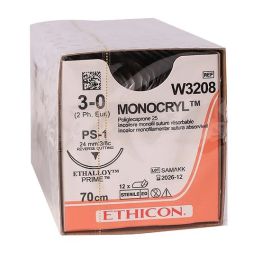 Szew wchłanialny Monocryl  W3208  rozm. 3/0 ; igła 22 mm - 3/8 koła ; dł. 70 cm ; niebarwiony