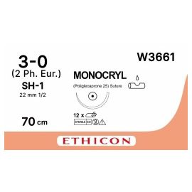 Szew wchłanialny Monocryl  W3661 rozm. 3/0 ; 70cm ; 1/2koła okrągła ; SH-1 ; barwiony
