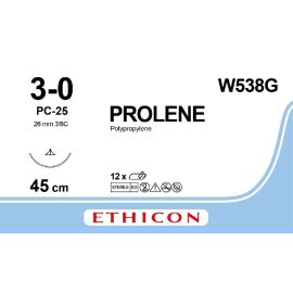 Prolene szwy syntetyczne, niewchłanialne ( Polipropylen monofilamentowy)  12szt. W538G /  3/0, długość 45cm kolor szwu niebieski, 26mm 3/8 koła, SB-25, igła konw. tnąca