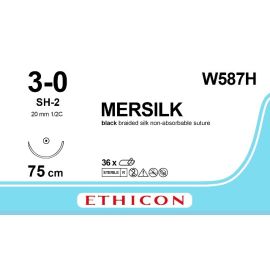 Mersilk Pleciony jedwab niewchłanialny, impregnowany , rozm. 3/0, 75cm, igła SH-2, 20mm 1/2 koła, taper point, czarny  W587H