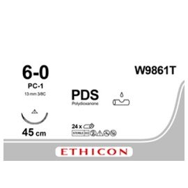 Szew wchłanialny syntetyczny PDS II W9861T  rozm. 6/0 ; igła 13 mm - 3/8 koła ; dł. 45 cm niebarwiony