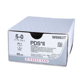 Szew wchłanialny syntetyczny PDS II W9863T rozm. 5/0 ; igła 13mm; 3/8koła konw-tn. ; PC-1; bezbarwny