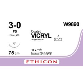 Szew Vicryl  W9890 ; rozm. 3/0 ; igła odwrotnie tnąca 26mm - 3/8 koła ; dł. 75cm ; bezbawny;