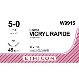 Vicryl RAPIDE szew powlekany syntetyczny, wchłanialny, pleciony (Poliglaktyna 910) W9915 rozm. 5/0 ; igła odwrotnie tnąca 11mm - 3/8 koła ; dł. 45cm bezbarwny;