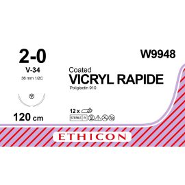Vicryl RAPIDE szew powlekany syntetyczny, wchłanialny, pleciony (Poliglaktyna 910) W9948 rozm. 2/0 ; igła 36 mm - 1/2 koła ; dł. 120 cm bezbarwny