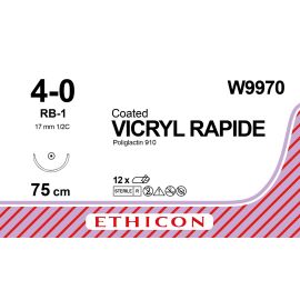 Vicryl RAPIDE szew powlekany syntetyczny, wchłanialny, pleciony (Poliglaktyna 910) W9970 rozm. 4/0 ; igła 17 mm - 1/2 koła ; dł. 75 cm bezbarwny 
