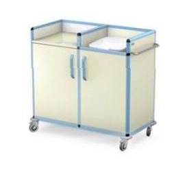 Wózek do czystej i brudnej bielizny WCB-2133 (szafka z drzwiczkami, 2xpółka; 2xzamek do szafki, 1xstelaż do worków na brudną bieliznę obudowany z drzwiczkami, 1xuchwyt do prowadzenia)