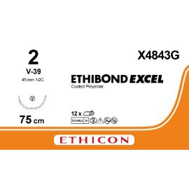 Szew niewchłanialny Ethibond Excel X4843G; rozm. 2 ; 1/2 koła ; igła okrągło-tnąca 45mm ; 4x75cm ; barwiony ; 