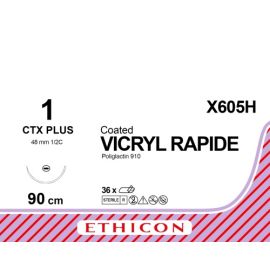 Vicryl RAPIDE szew powlekany syntetyczny, wchłanialny, pleciony (Poliglaktyna 910) X605H rozm. 1 ; igła 48 mm wzmocniona - 1/2 koła ; dł. 90 cm bezbarwny